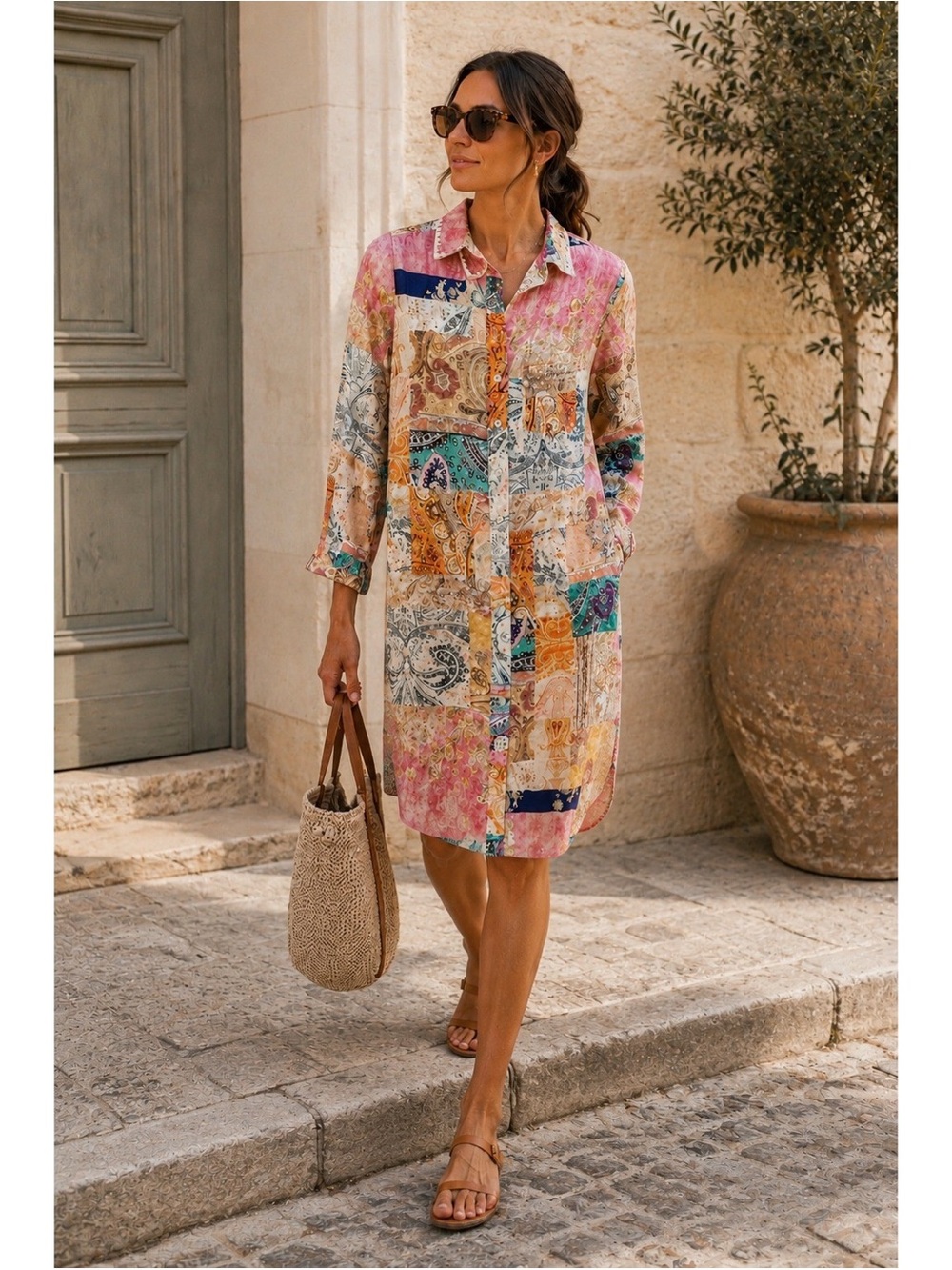 Magaschoni Linen Patchwork Midi Dress Embroidered Trim Boho M